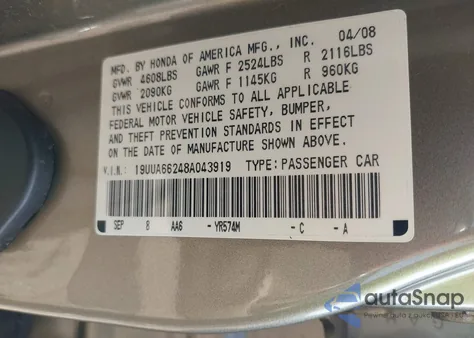 2008 Acura Tl 3.2 from USA, damaged, VIN 19UUA66248A043919